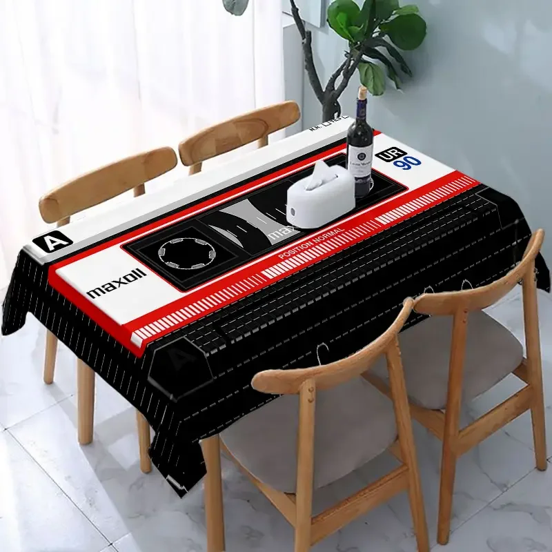 Cassette Tape Pattern Rectangle Tablecloth Holiday Party Decor Retro Geometric Polyester Table Cloths Kitchen Dining Table Decor