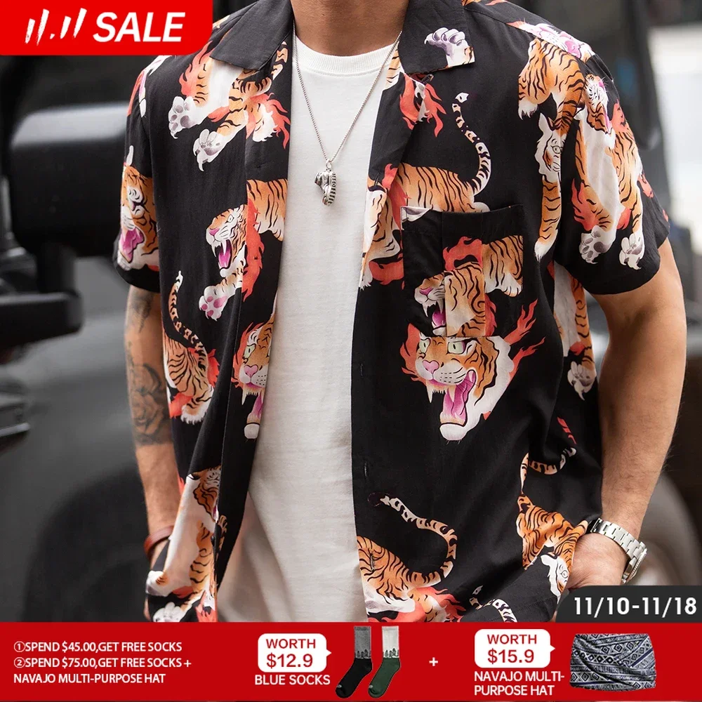 

Maden Ukiyo-e Tiger Print Shirts for Men Summer Beach Short Sleeve Casual Loose Hawaiian Shirt Street Wear Plus Size XXL Black