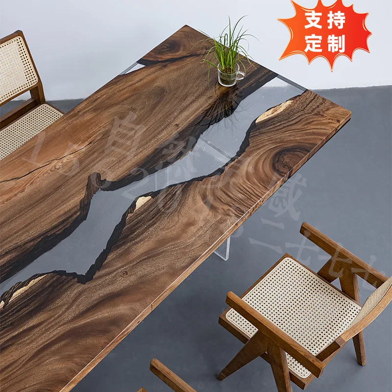 Simple Wind Epoxy Resin River Ice Crystal Table Solid Wood Large Board Walnut High Transparent Dining Table Living Room Coffee T