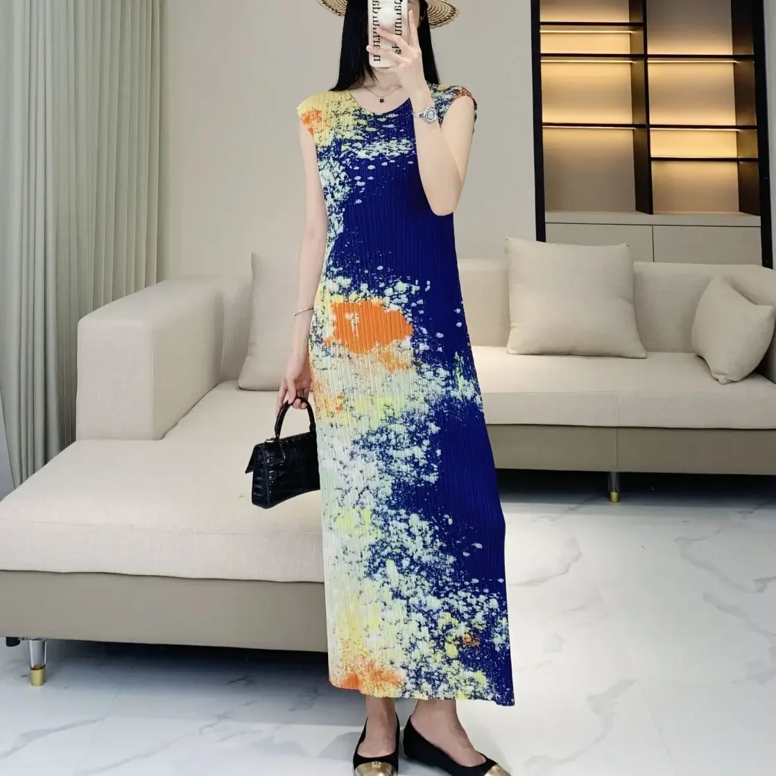 Pleats Pleated Dresses2024 Pleats New High Sense of Fashion Star Print Sleeveless Women Summer Foreign Elegant Dresses Clothing