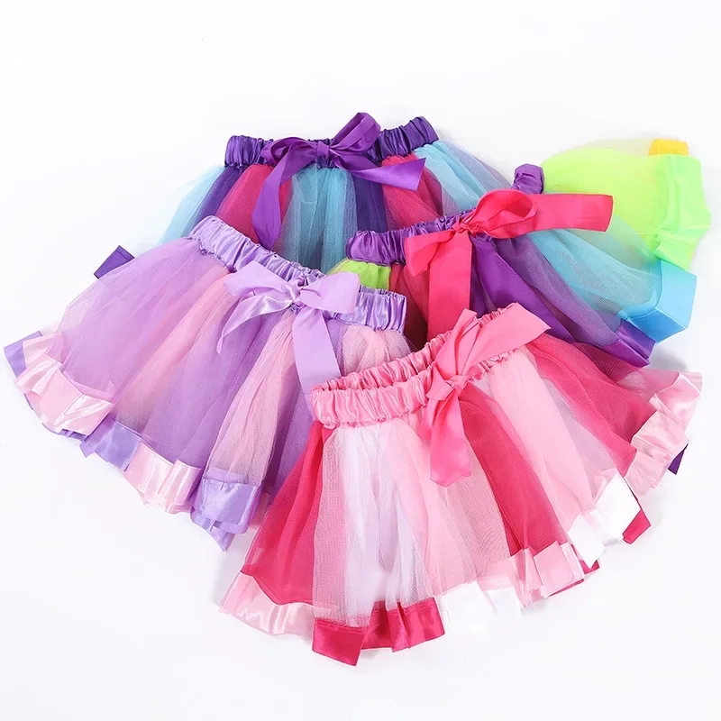 Meninas ballet dança wear festa tule tutu saia meninas dança desempenho arco-íris saia crianças equipe dança saia dancewear
