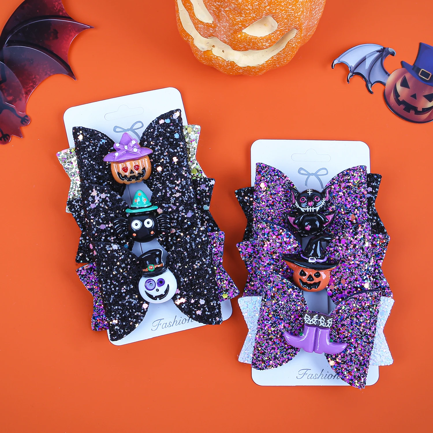 3pcs Halloween Day Hair Clips for Girls 3inch Glitter Hair Bows Devil Pumpkin Barrettes Clips Children Kids Party Deco Headwear