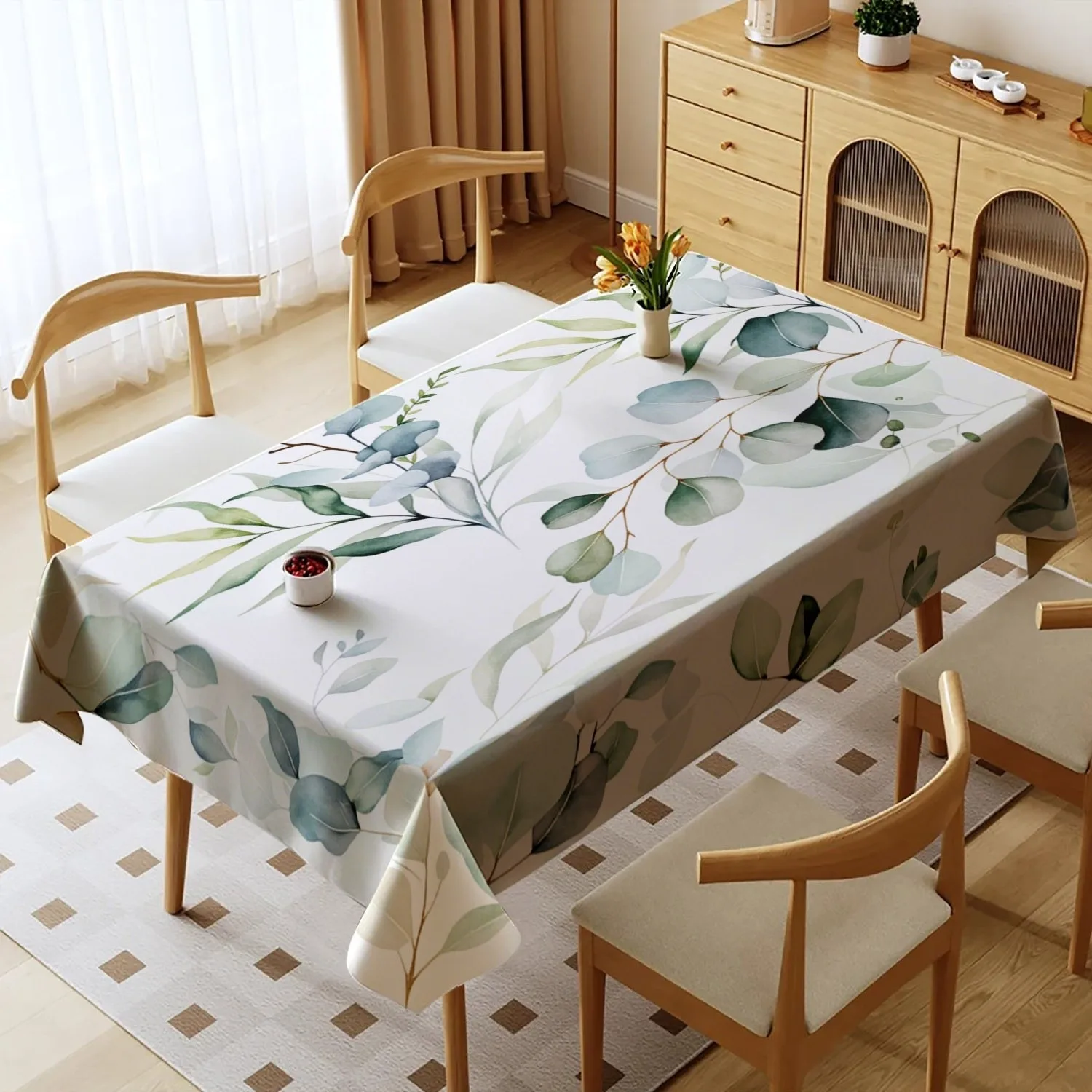 Single-sided printed tablecloth with eucalyptus leaf pattern. Available in various sizes.