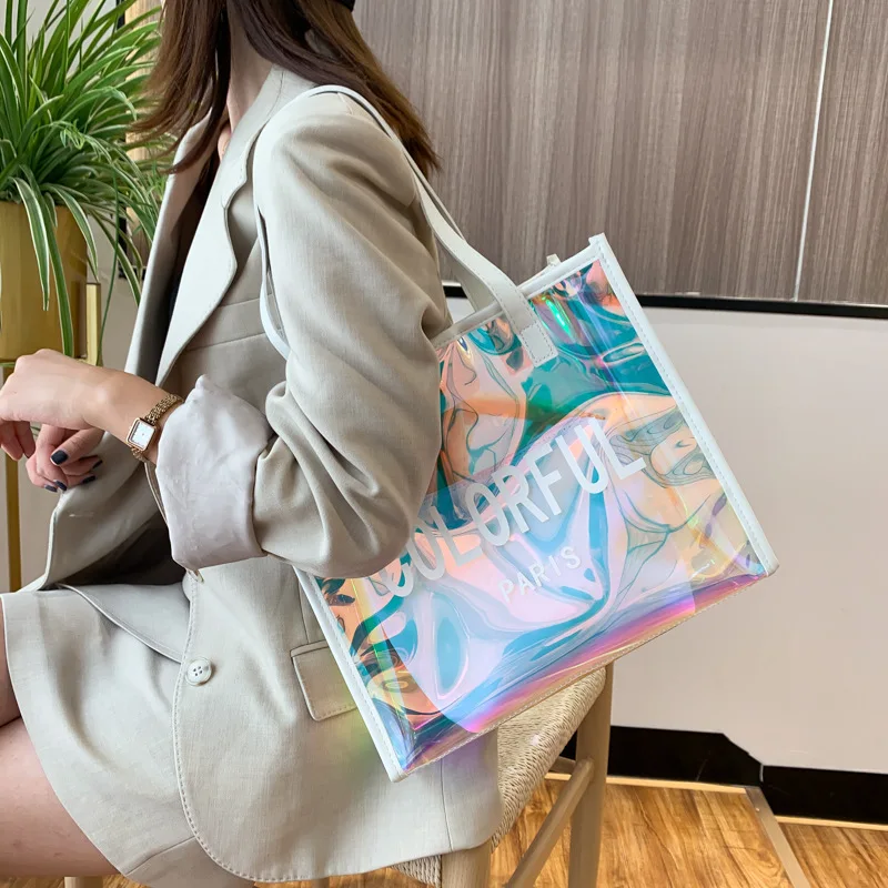 Bolsa de ombro de PVC transparente para mulheres, grande capacidade sacola impermeável para viagens, nova moda, bolsa de armazenamento a laser