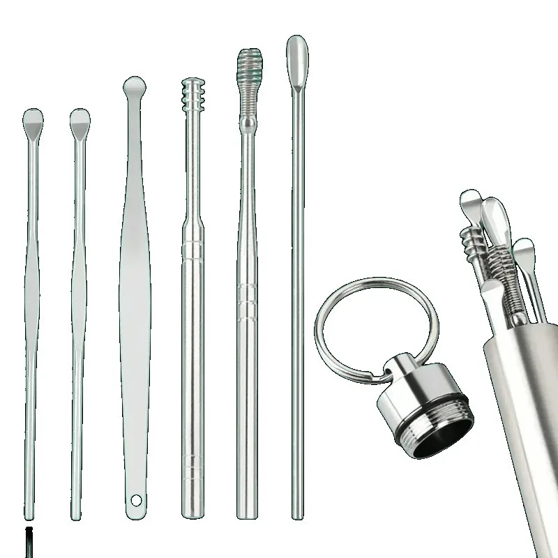 6pcs 스테인레스 스틸 귀 왁스 제거 도구 세트 나선형 회전 EarPicking 숟가락 귀 피커 스푼 청소 귀 왁스 수집