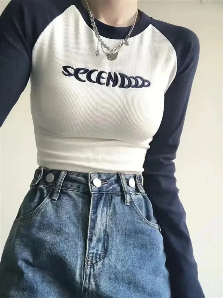 Letter Print Knitted Sweater Women Spring Long Sleeve Patchwork Tops Fashion Retro Crop Top Hot Girl Kpop Skinny Y2K Pullover