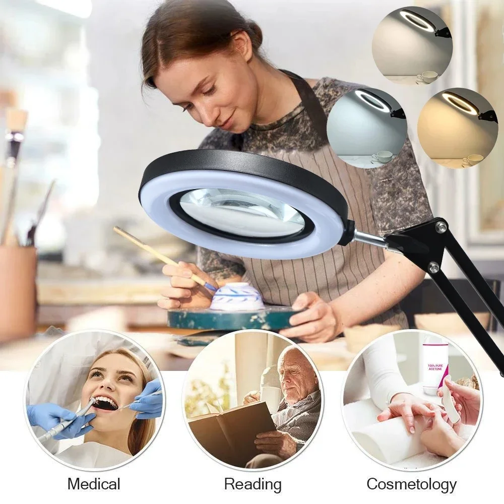72LED 8X/10X New Illuminated Magnifier USB 3 Colors LED - Ideal for Soldering Iron Repair Table Lamp Usage and Skincare Beauty
