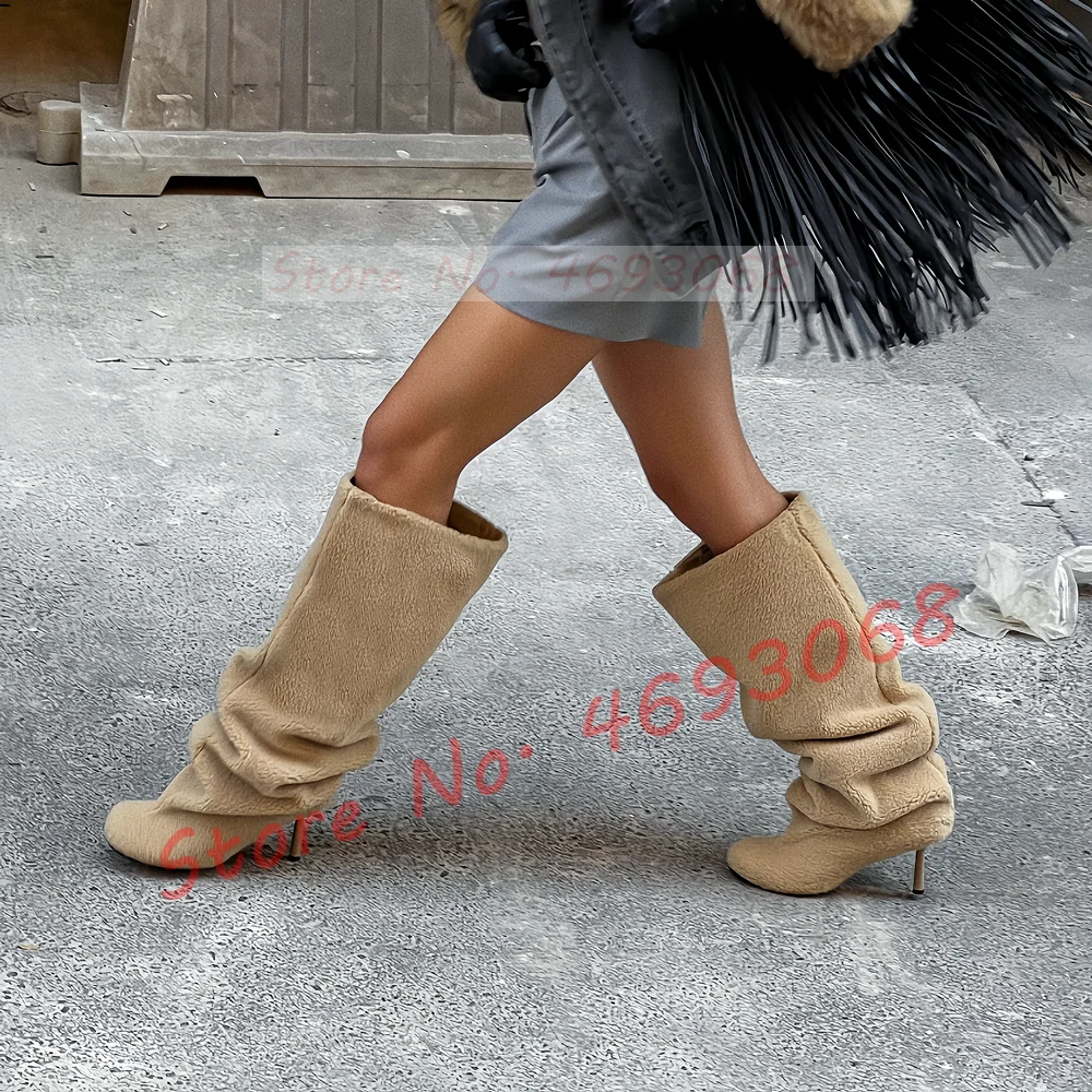 Apricot Lamb Wool Knee High Boots Women Furry Winter Snow High Heels Patchwork Shoes Ladies Round Toe Pleated Stiletto Boots