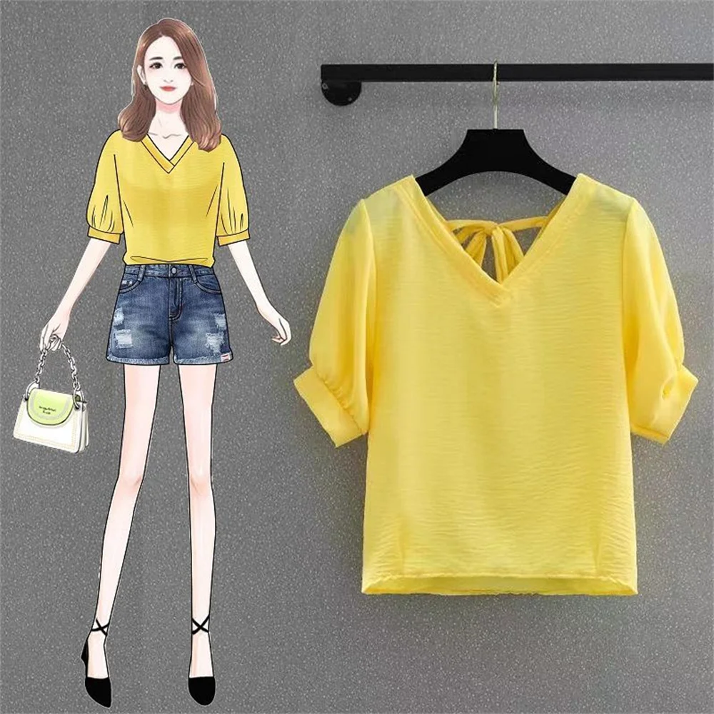 V-Neck Chiffon Shirt Female Short Sleeve Blouse Shirts womens tops and blouses Top New Summer Women Blouse Loose womens clothing