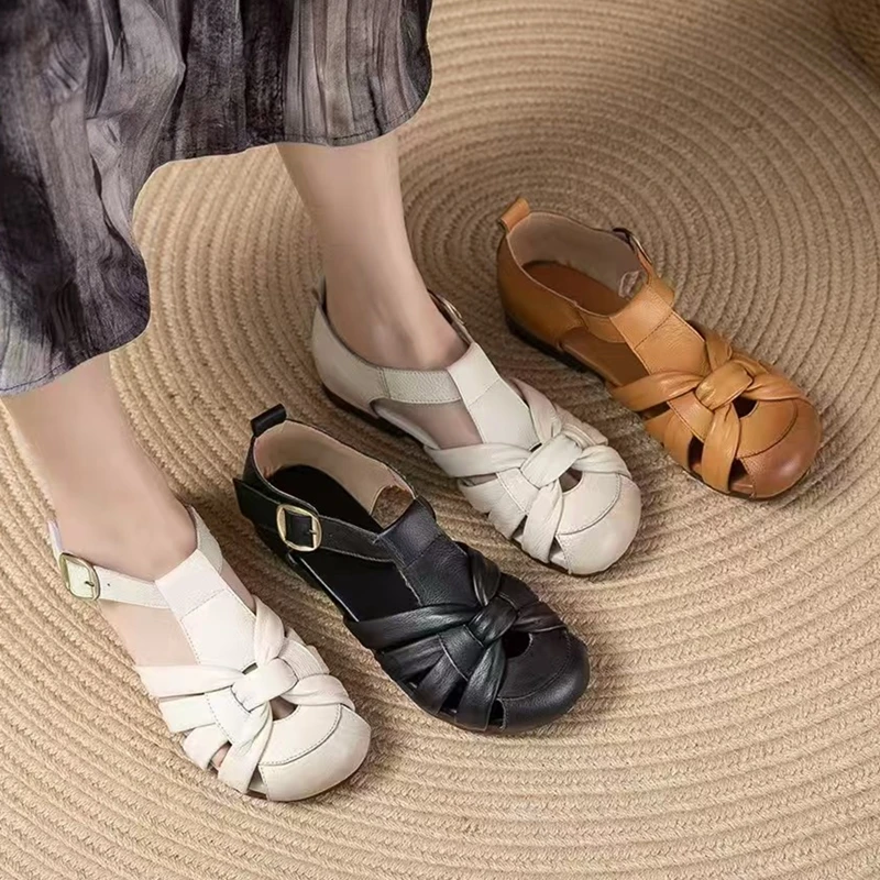 

AIYUQI 2026 New Women's Genuine Leather Sandals RetroWeaving Rome Low-Heel Sandals Women Plus Size Summer Beach Shoes frail