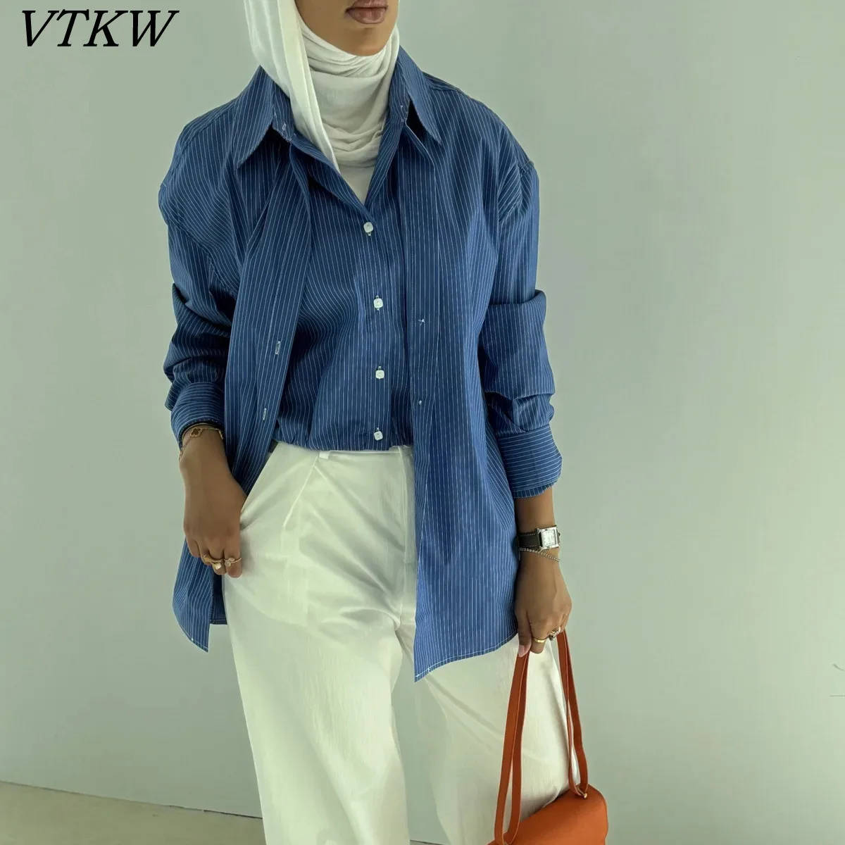 

VTKW Striped Lapel Shirt With A Matching Waistcoat Stylish Design 2025 Spring Season High-quality Loose Mid-length Versatile.