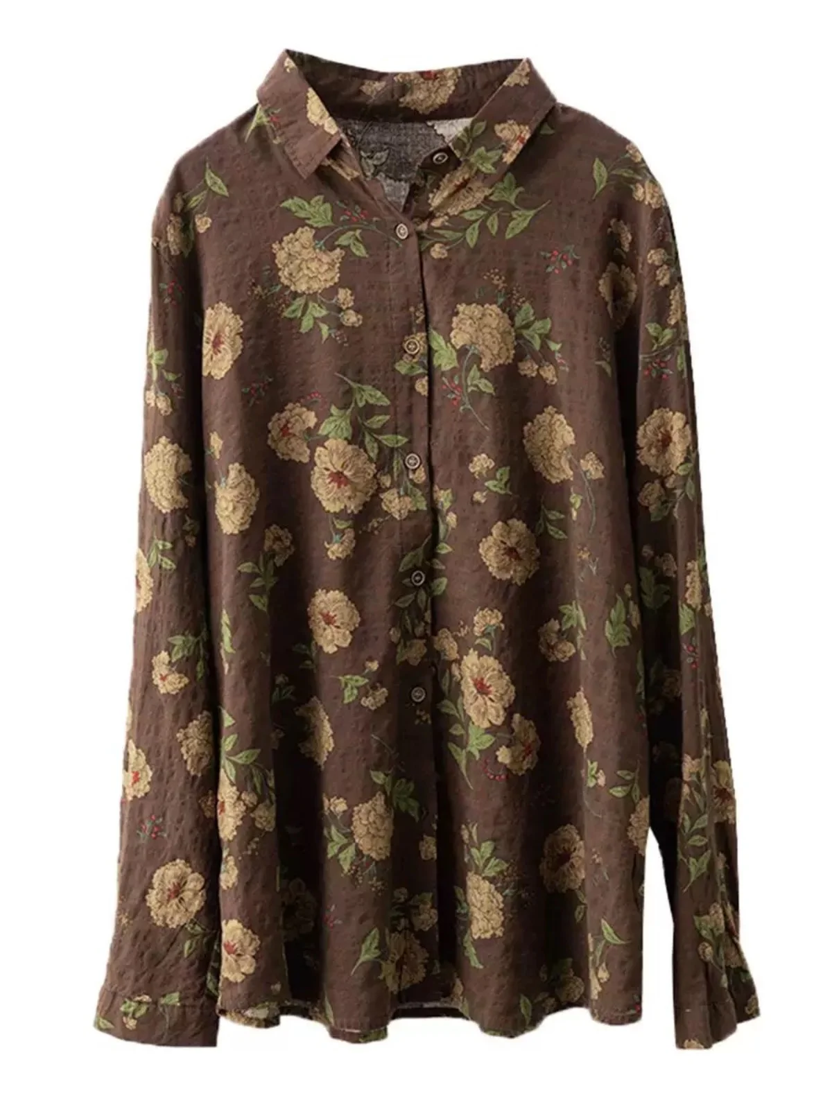 Retro Sle Long Sve katoen linnen bloemenprint losse casual kraag dames irt lente afslankende basislaag top