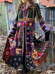 Women's Elegant Velvet Boho Lapel Color Block Coat Dress Casual Loose Patchwork Print Retro Robe Summer 2024 New Clothing