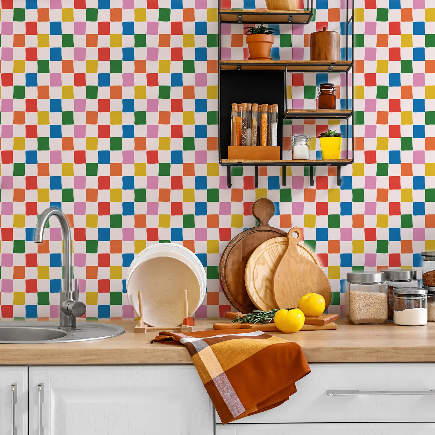 Checkerboard Peel and Stick Wallpaper Multi-color Removable Contact Paper Home Decorative Wallpaper for Bathroom Cabinet