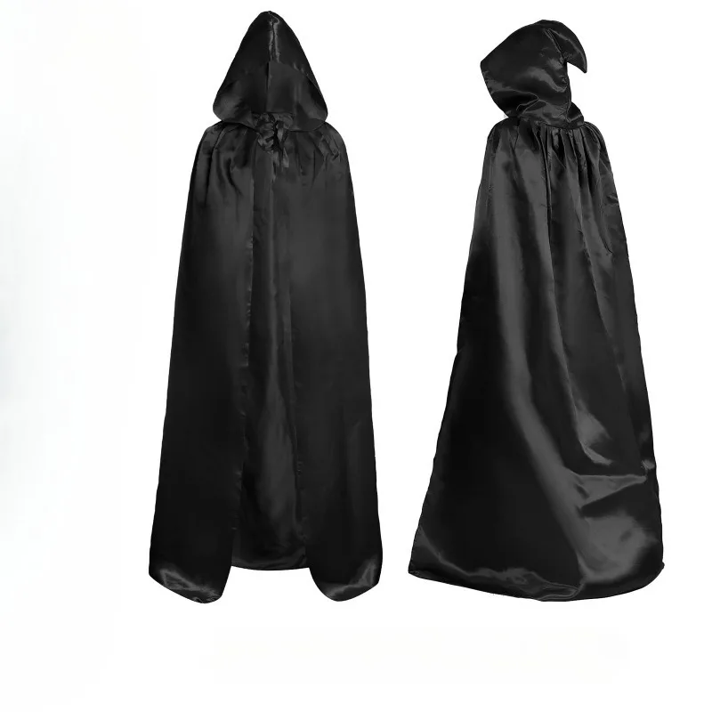 Purim Cosplay Cloak Witch Long Cape Costume Soft Unisex Hooded Black Robe Prop Halloween Masquerad Party for Man Woman