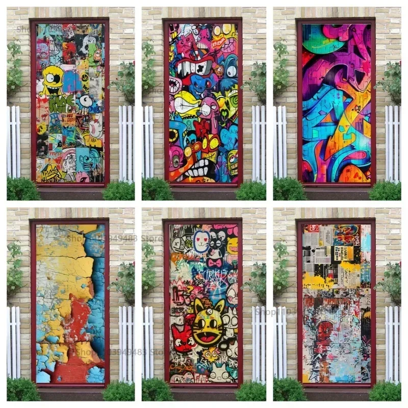 

Creative Graffiti Style Art Mural Self-adhesive Door Wrap Wallpape for Decorative Room Doors Cabinet Closet Ornamental Stickers