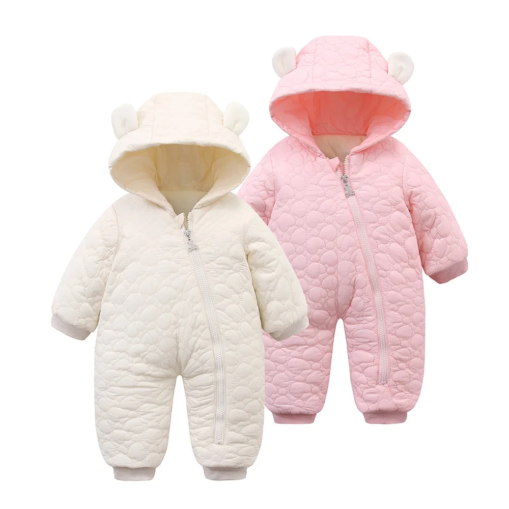 

2025 Autumn Winter Newborn Girls Overalls Solid Zipper Thick Toddler Girls Jumpsuits Thick Ear Hooded Infant Baby Boys Bodysuits