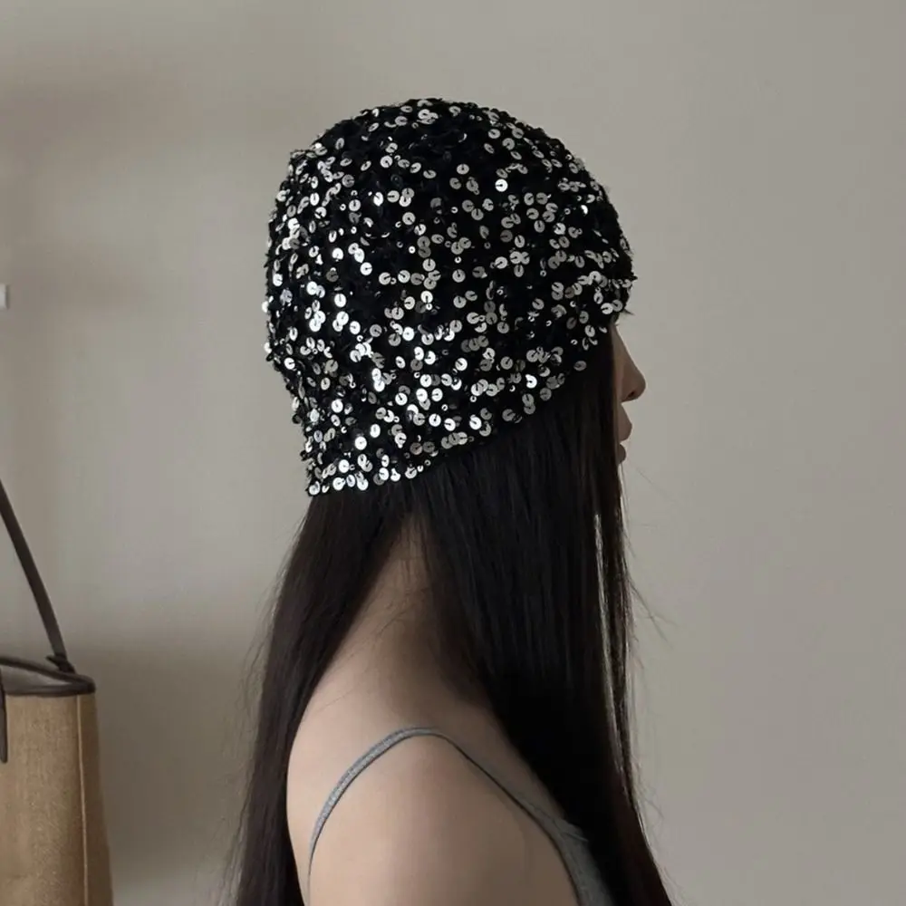 

Retro Vintage Sequin Woven Cap Y2k Hollow Sequin Bucket Hat Knit Thin Beanie Hats Streetwear