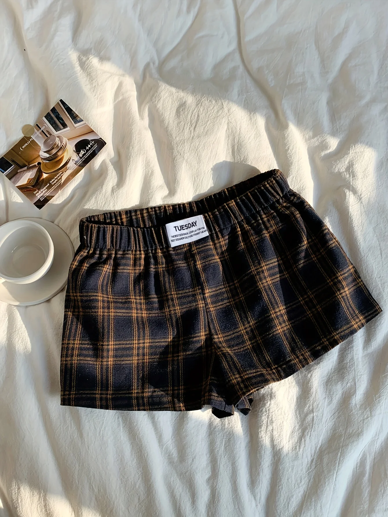 Women Plaid Elastic Waist Casual Shorts With Label Detail Lounge Bottoms