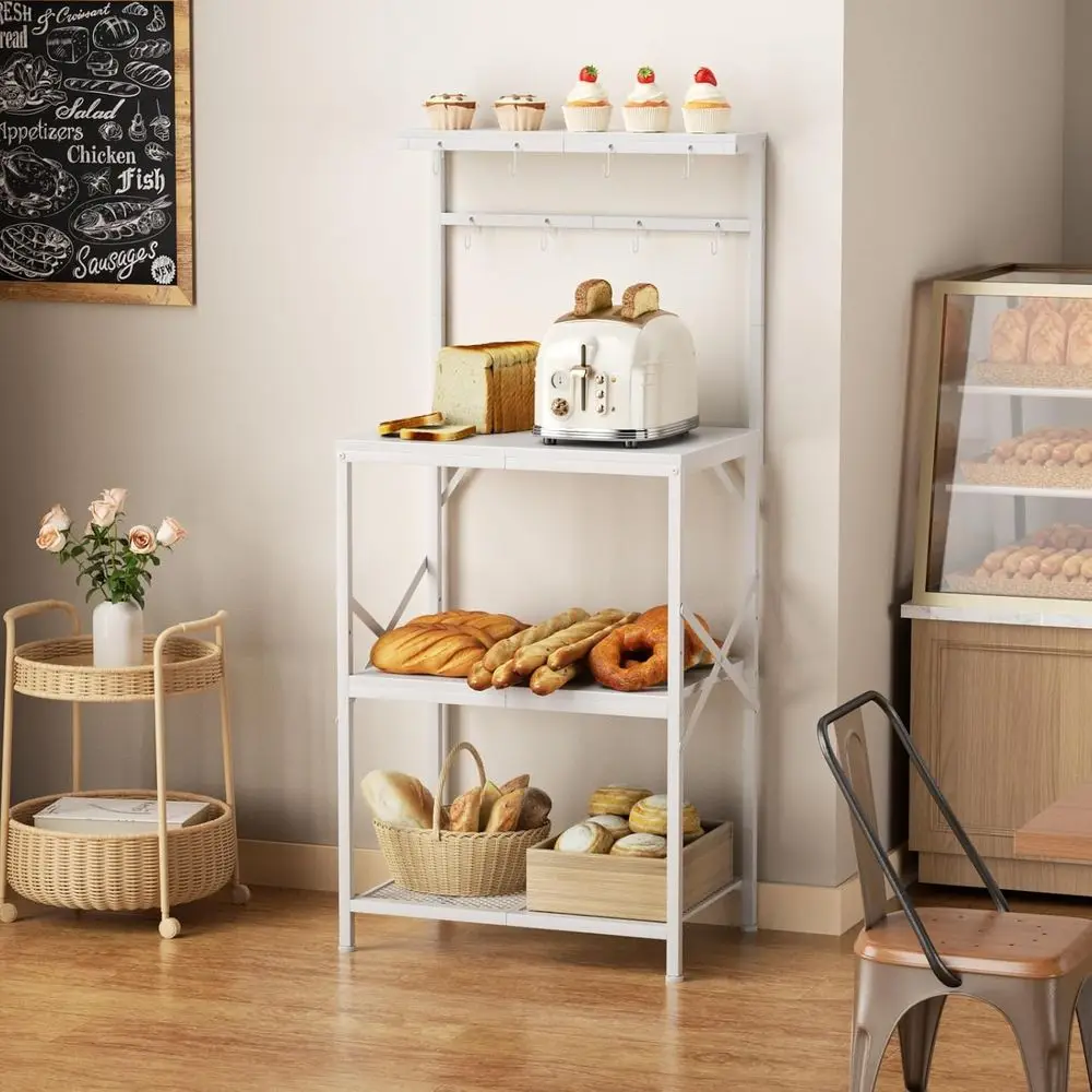 Carrello portaoggetti da cucina bianco a 4 livelli con caffettiera e 8 ganci, ripiani regolabili per elettrodomestici