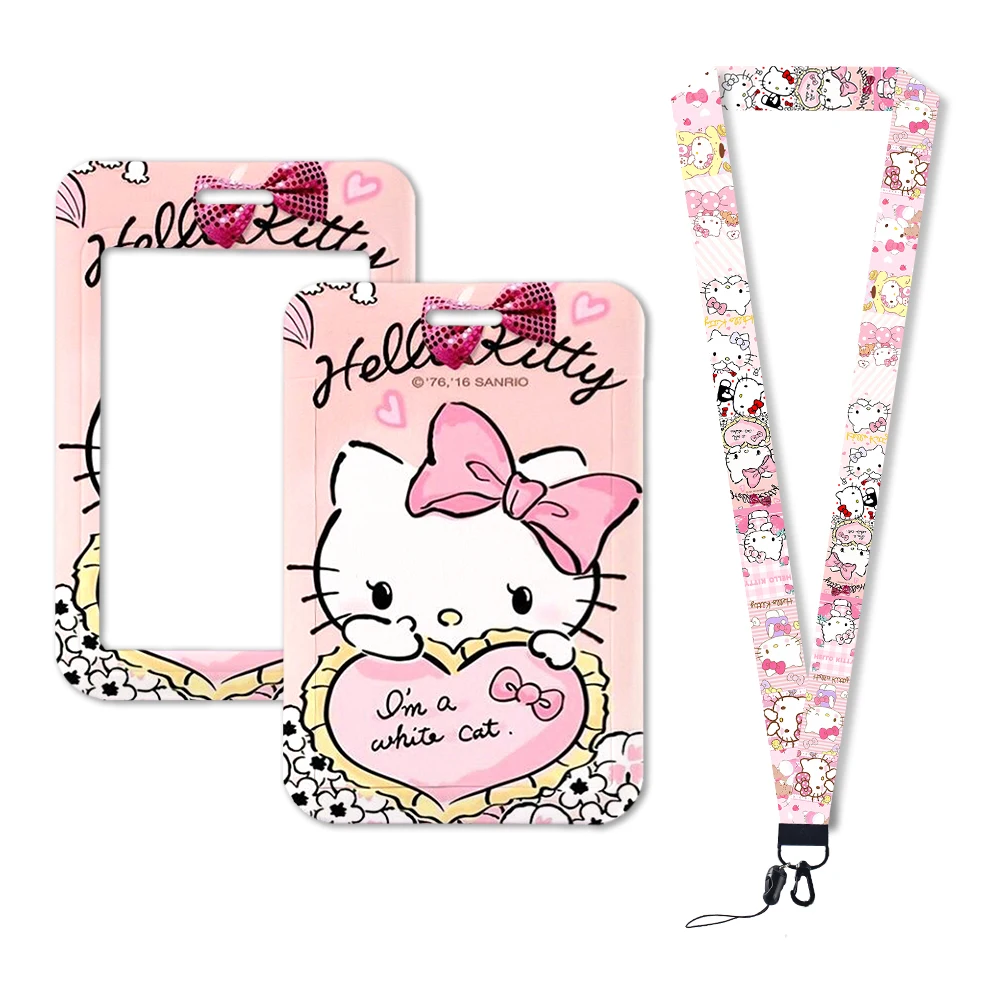 Correa para el cuello con tarjeta W, cordones de Hello Kitty, soporte para insignia de identificación, llavero, llavero, cuerda colgante, accesorios, regalos