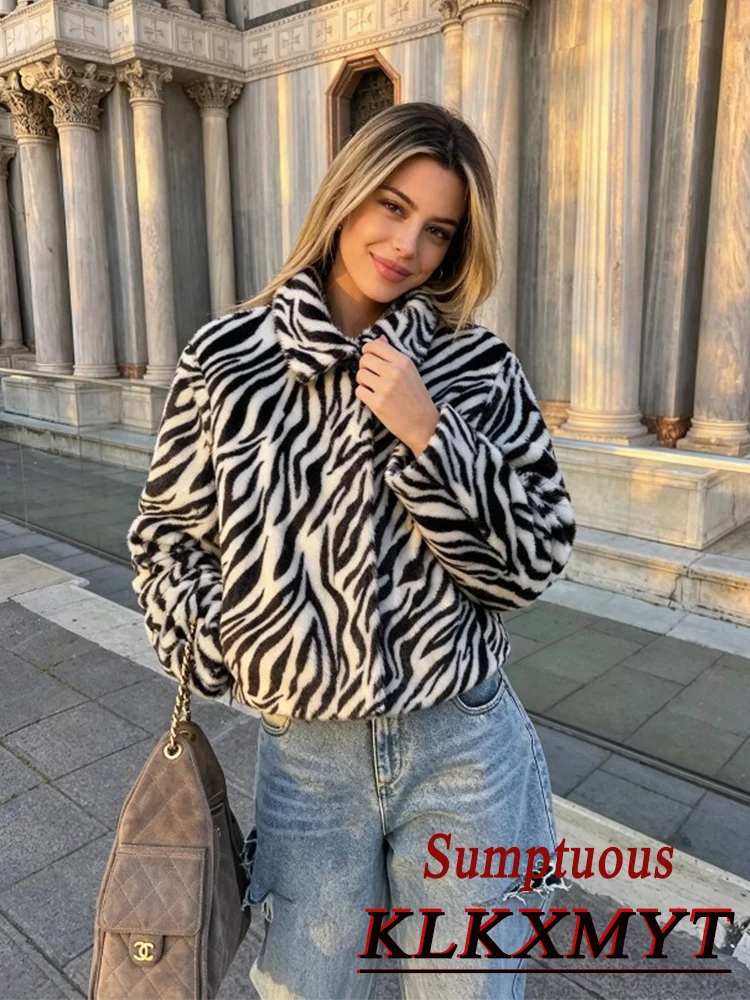 Autumn Winter Fashion Fur Coats For Women Elegant Zebra Stripe Laple Button Jackets Leisure Vintage Commute Coat