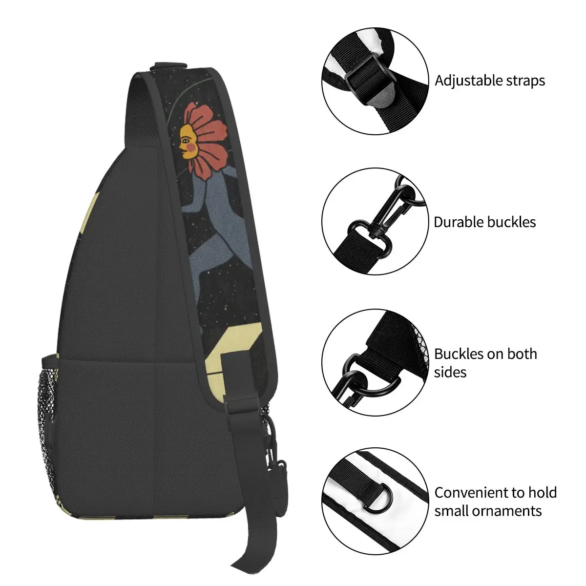 Witchcraft Sun Moon Star Flower Crossbody Sling Bags Print Chest Bag Aesthetic Shoulder Backpack Daypack Hiking Outdoor Camping