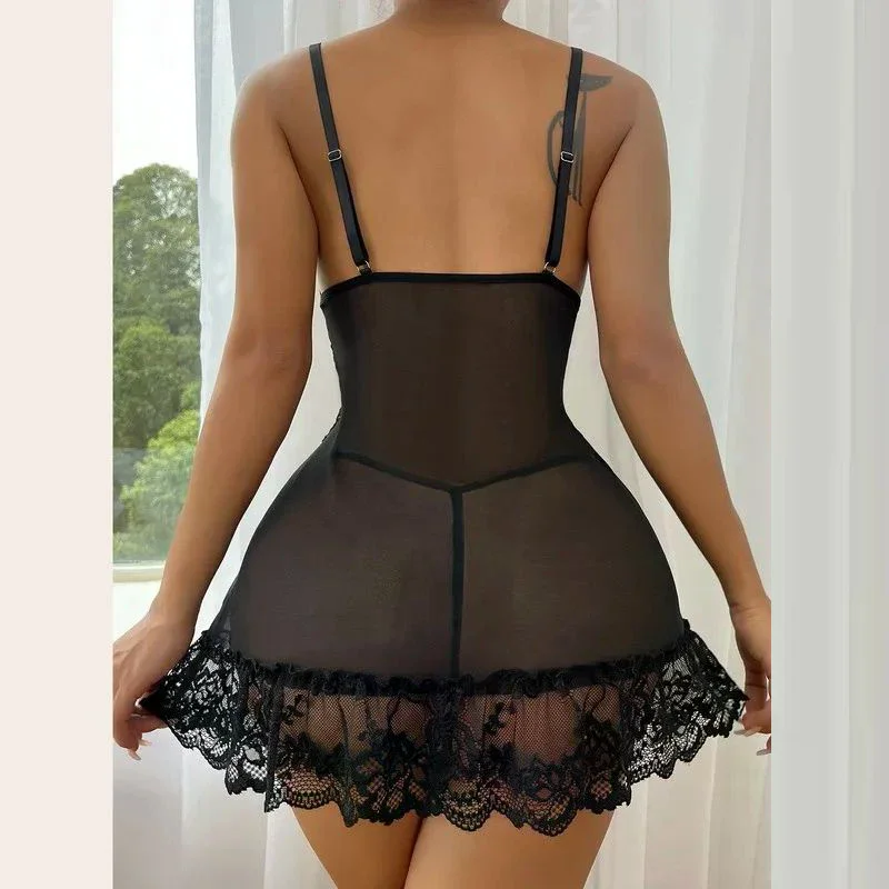 

European And American Sexy Lingerie Mesh Lace Bow Strap Women's Sleepwear