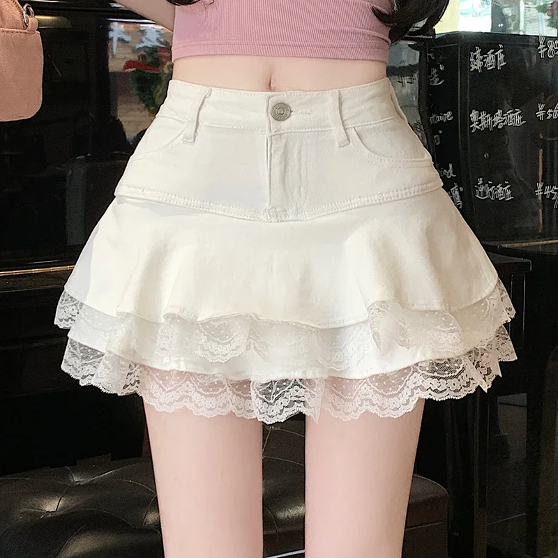 Y2k Retro Lace Trim Denim Cake Skirt Women Hight Waist A Line Mini Skirt Female Korean Fashion Casual Streetwear Pleated Skirt