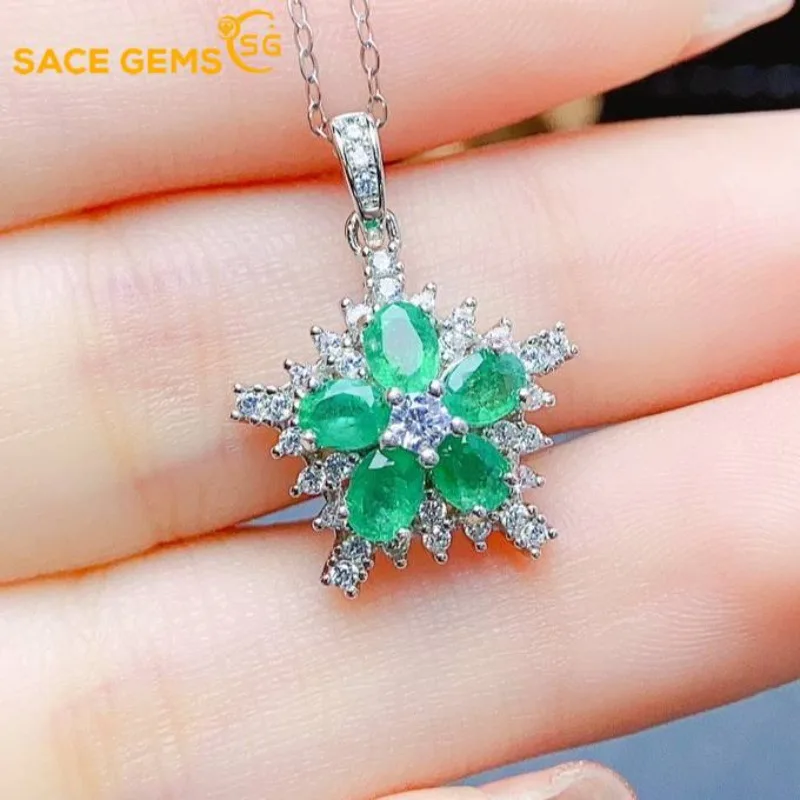 

SACE GEMS 925 Sterling Silver Certified 3*4MM Natual Emerald Pendant Necklaces for Womne Engagement Cocktail Party Fine Jewelry