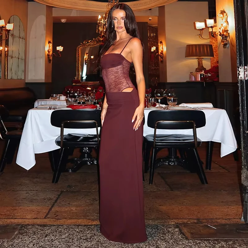 Elegant Lace Cut Out Maxi Dresses for Women 2025 Sexy Spaghetti Strap Patchwork Holidays Party Dress Summer Backless Long Dress