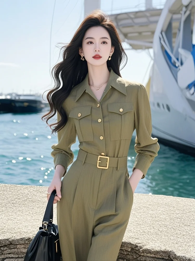 

New French Fashion Jumpsuit Women Spring Autumn Laple Long Sleeve Solid Color High Waist Wide Leg Pants Jumpsuits Office Lady