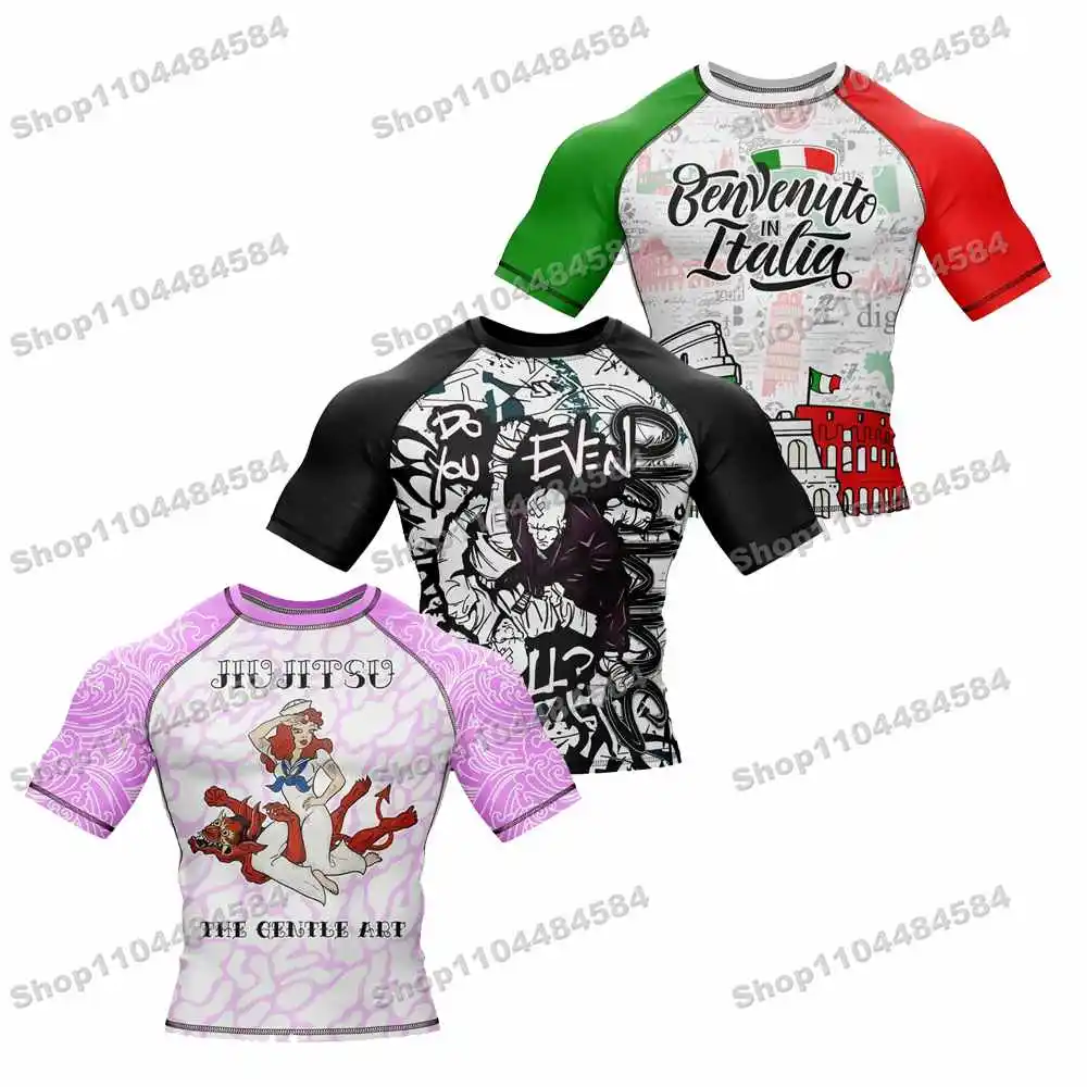 1th Newly Summer Rash Guards Surfing Jersey Beach Shirts Swimwear Diving Gym Short sleeves MMA BJJ Men Jiu Jitsu Fitness Sets