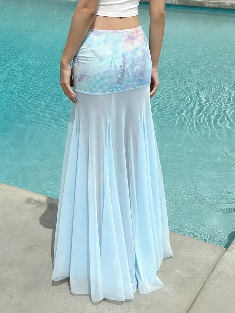French Fashion Island Resort Skirt Women Slim Low Waist Printed Mesh Mermaid Long Skirt Casual Elegant Holiday Vacation Wear