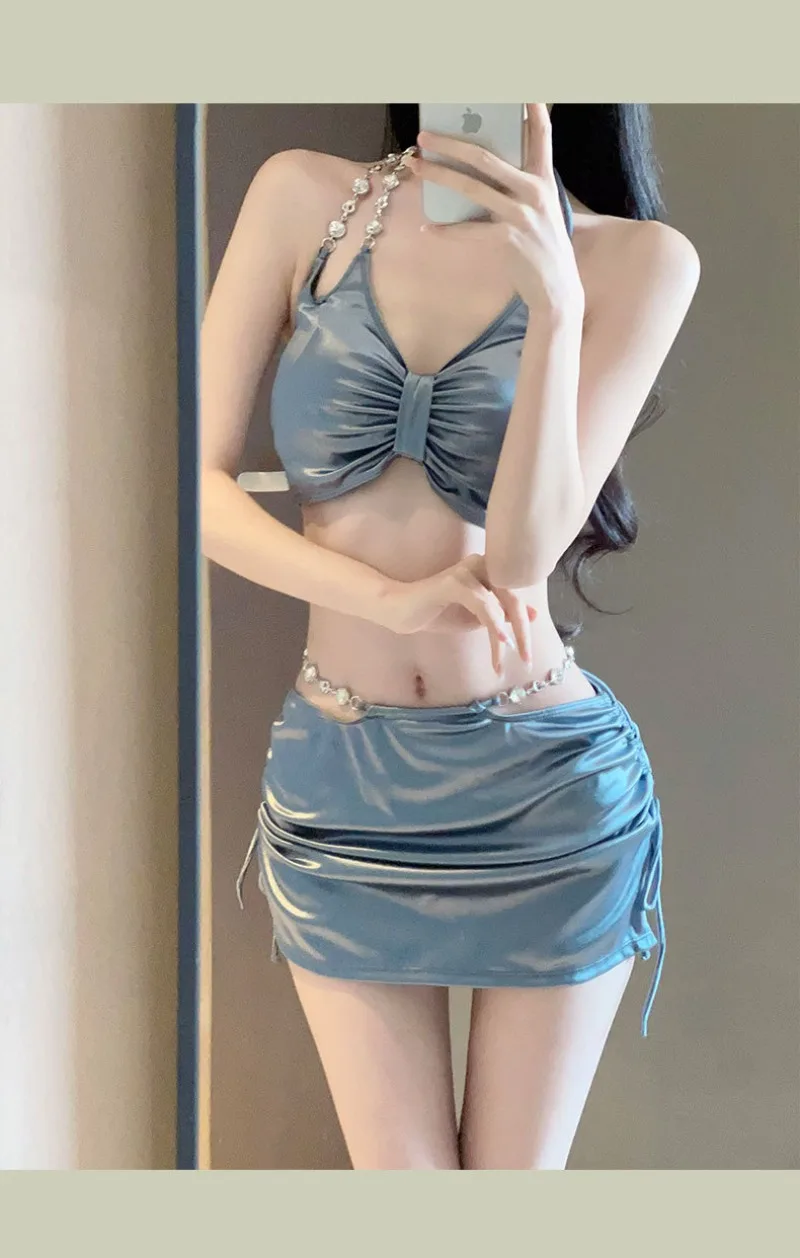 Costume da bagno da donna argento di fascia alta sexy diviso in tre pezzi primavera calda vacanza moda bikini ragazze costumi da bagno donna balneazione