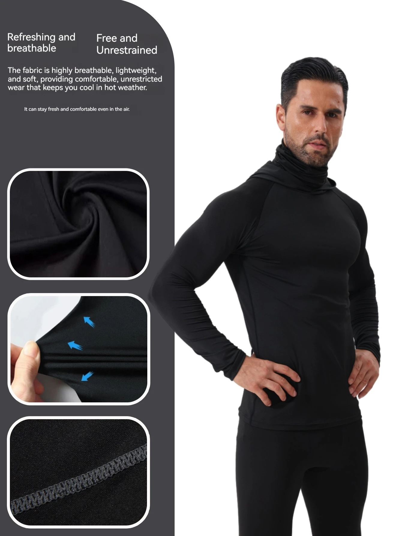 Herren Fitness Gym Shirts Kompressions-Sport-T-Shirt mit Kapuze Lauf-T-Shirts mit Maske Langarm Bodybuilding-Oberteile Herren Sportbekleidung – Detail 2