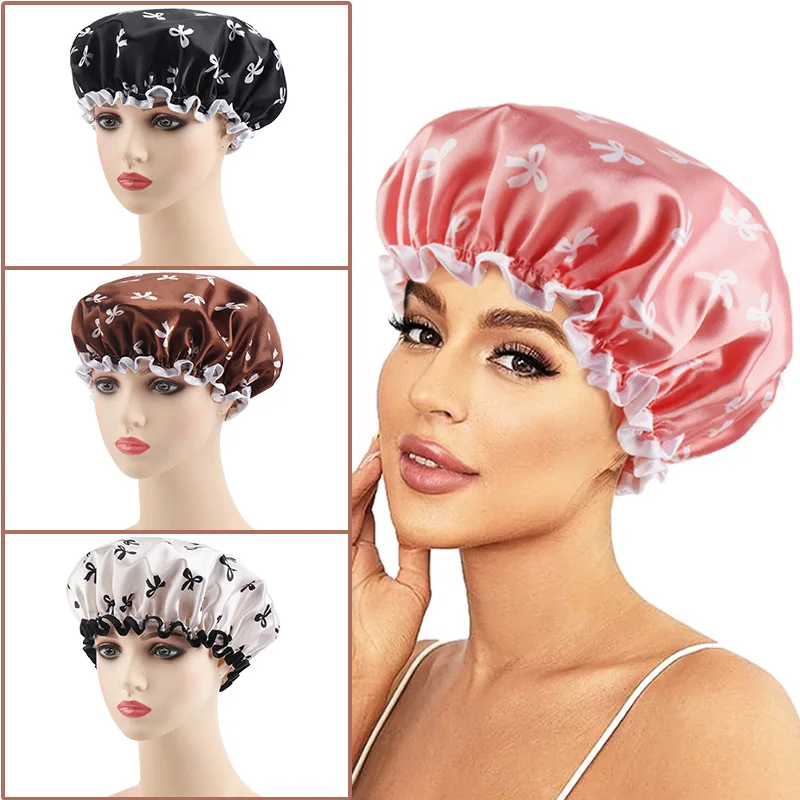

1pcs Double Layer Shower Caps Printed Bonnet Waterproof Bath Caps Reusable Shower Caps Hair Hat for Women Ladies Spa Salon