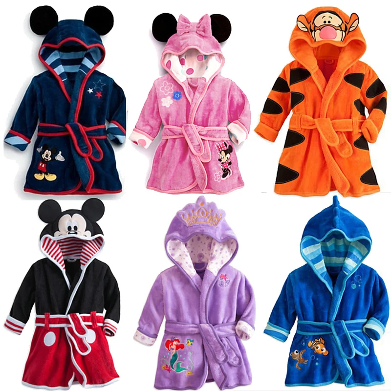 Disney Cartoons Mickey Mouse Children\'s Pajamas Winter Flannel Bathrobes Anime Tigger Nemo Mermaid Minnie Shaped Night-robe