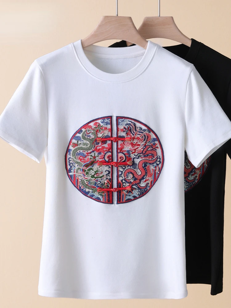 Chinese Style Button Up Short Sleeved T-shirt with Chinese Style Button Up Embroidery Dragon Teng Red Top