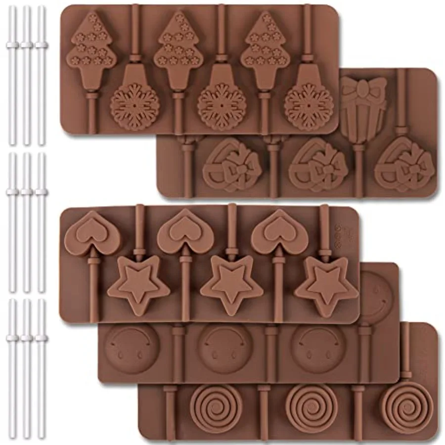 

6 Cavity Silicone Lollipop Mold Candy Mold Christmas Candy mold Typical Round Stars and Hearts Bowknots Christmas Smile Faces S
