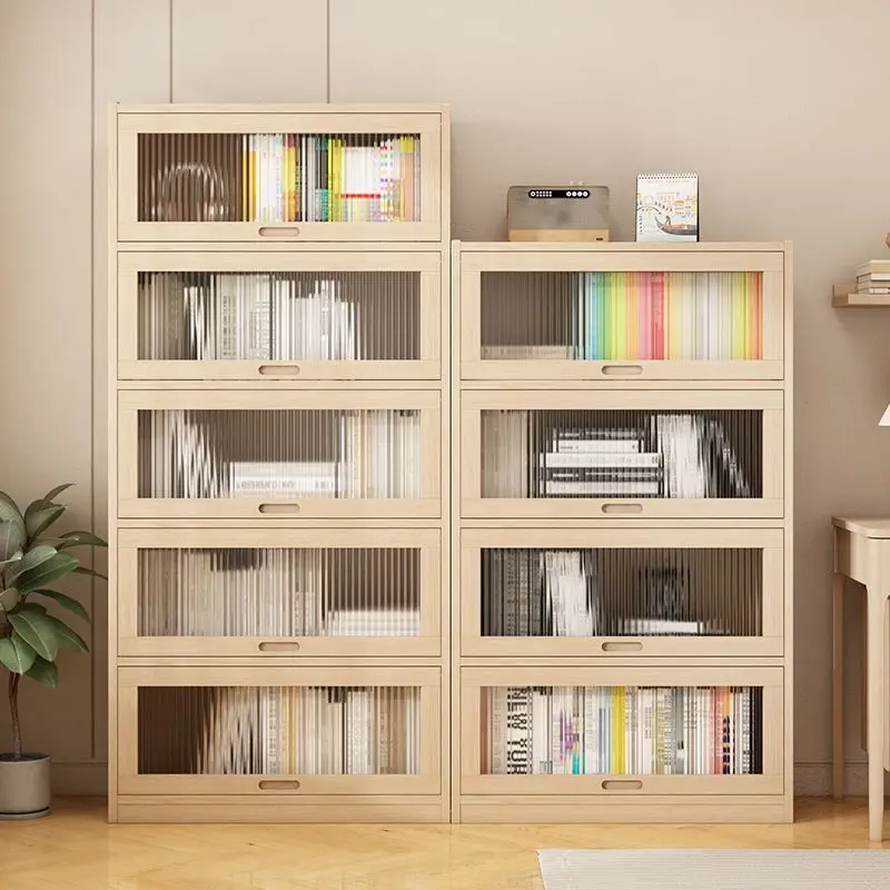 Solid wood bookshelf dust-proof bookcase acrylic shelf with door floor-to-ceiling home children's living room Nordic