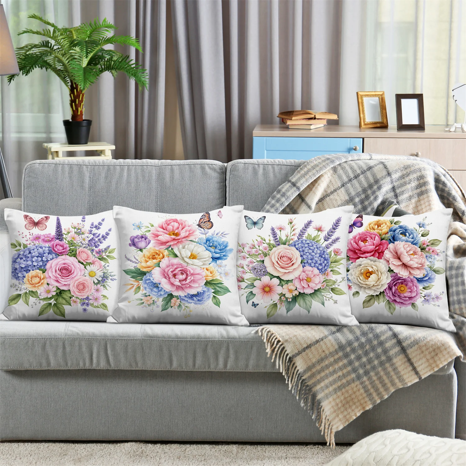 Rose hydrangea butterfly digital printing pillow cover Short plush Suitable living rooms bedrooms sofas throw cushion cover
