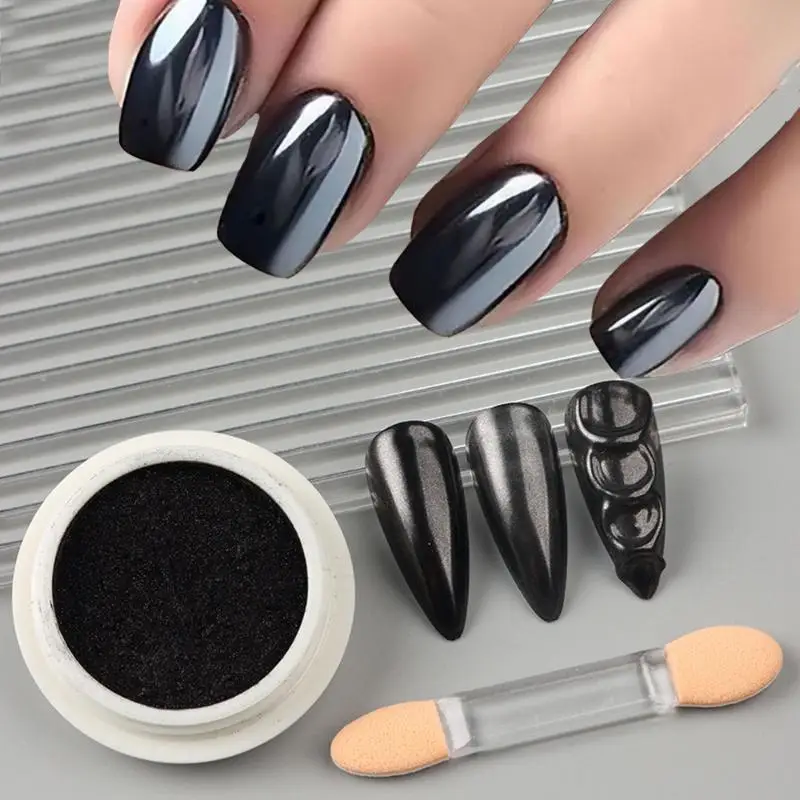 【HBA】1 Box Chrome Black Nail Powder Metallic Rubbing Pigment Magic Mirror Glitter Y2K Nail Art Decoration Manicure