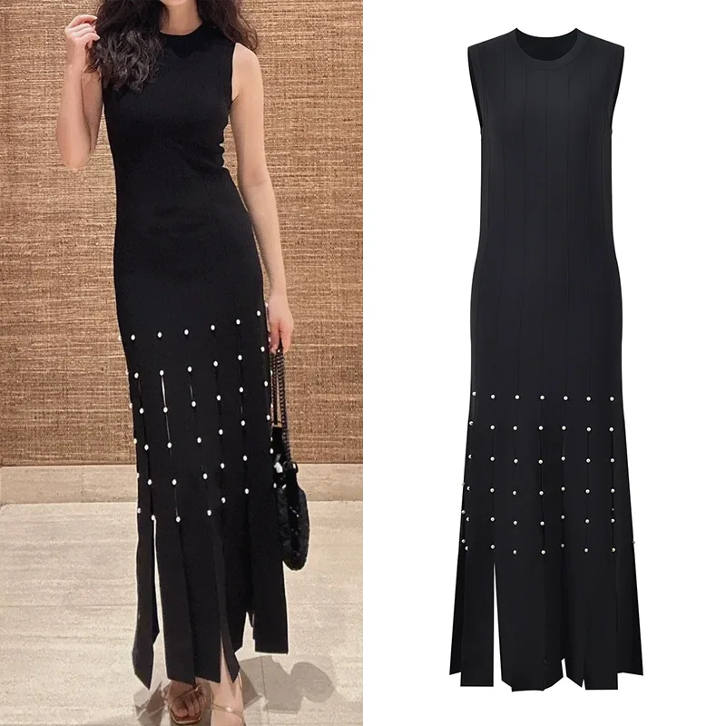 

Elegant Long Knitted Dress Women's Sleeveless Black Tassel Beaded High-End Version Summer 2024 Fashion Trend Midi Dress