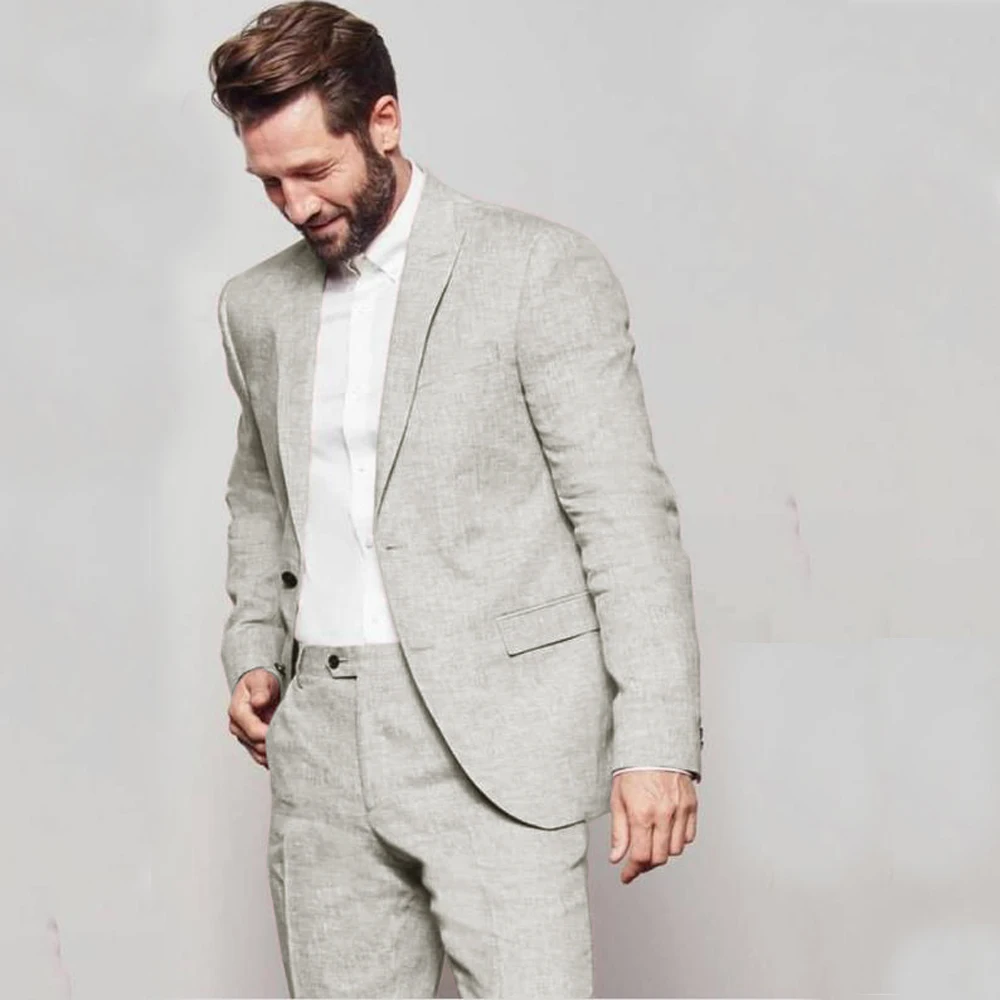 Traje de lino para hombre, chaqueta y pantalones, traje de novio para boda, conjunto de 2 piezas con solapa, trajes de lujo de un solo pecho, Blazer