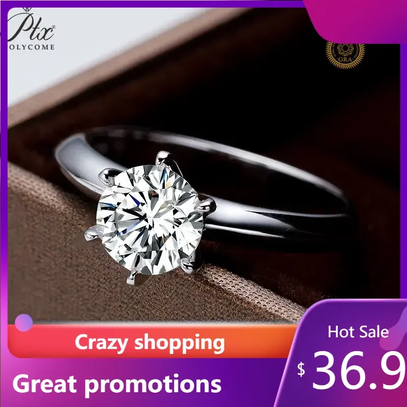 

PTX GRA Certified 1CT Moissanite Ring VVS1 Lab Diamond 925 Sterling Silver Eternity Ring Women Engagement Couple Wedding Rings