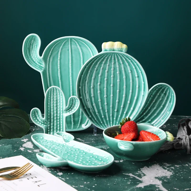 Table Plates Kitchen Accessories Ceramic Cactus Plate Snack Bowl Creative Tableware Kitchen Items All With Free Shipping