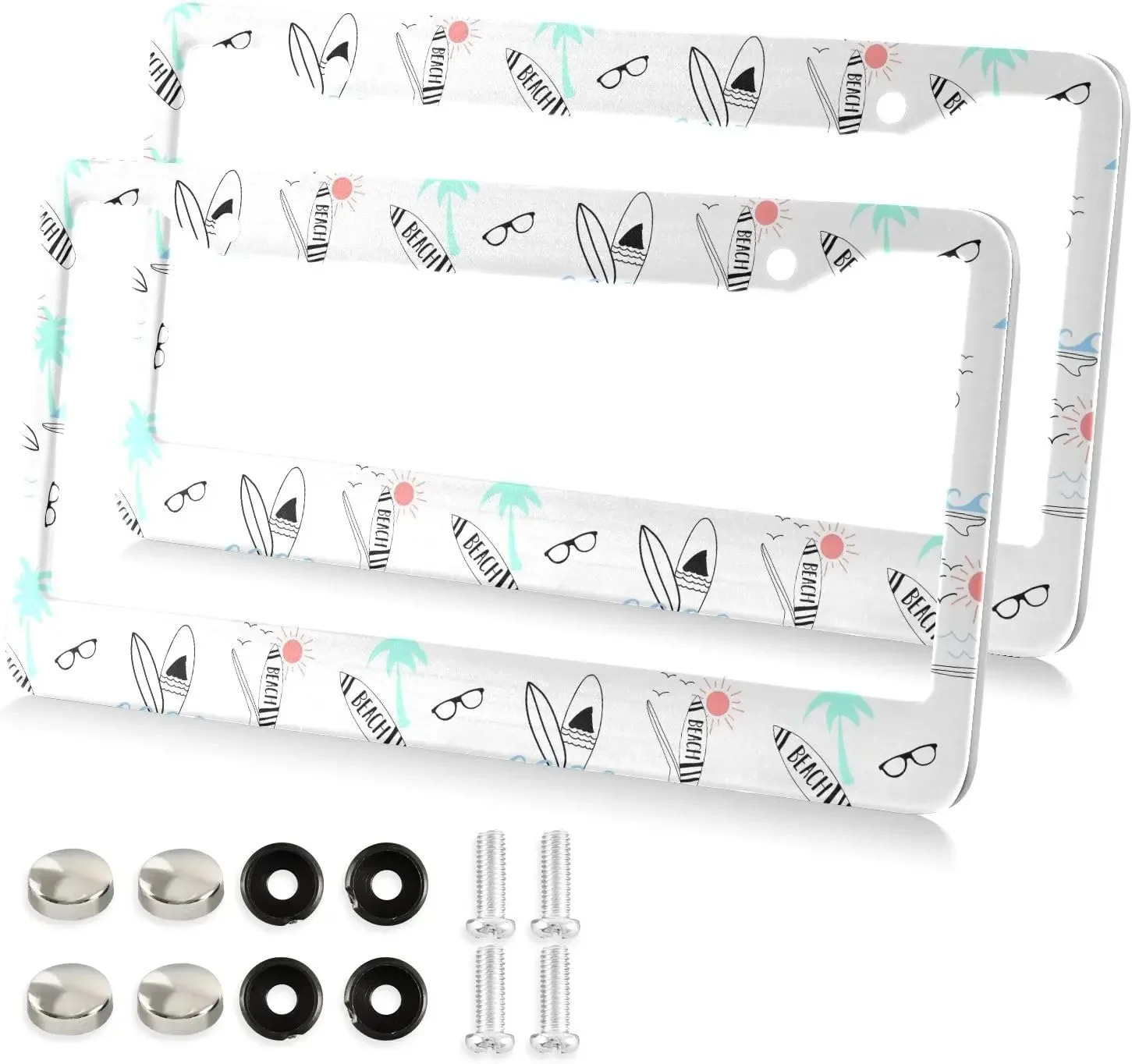 

Summer Surfboard Pattern Car License Plate Frame 2 Pack License Plate with 2 Holes Car Tag Frame for Women Men US Vehicles