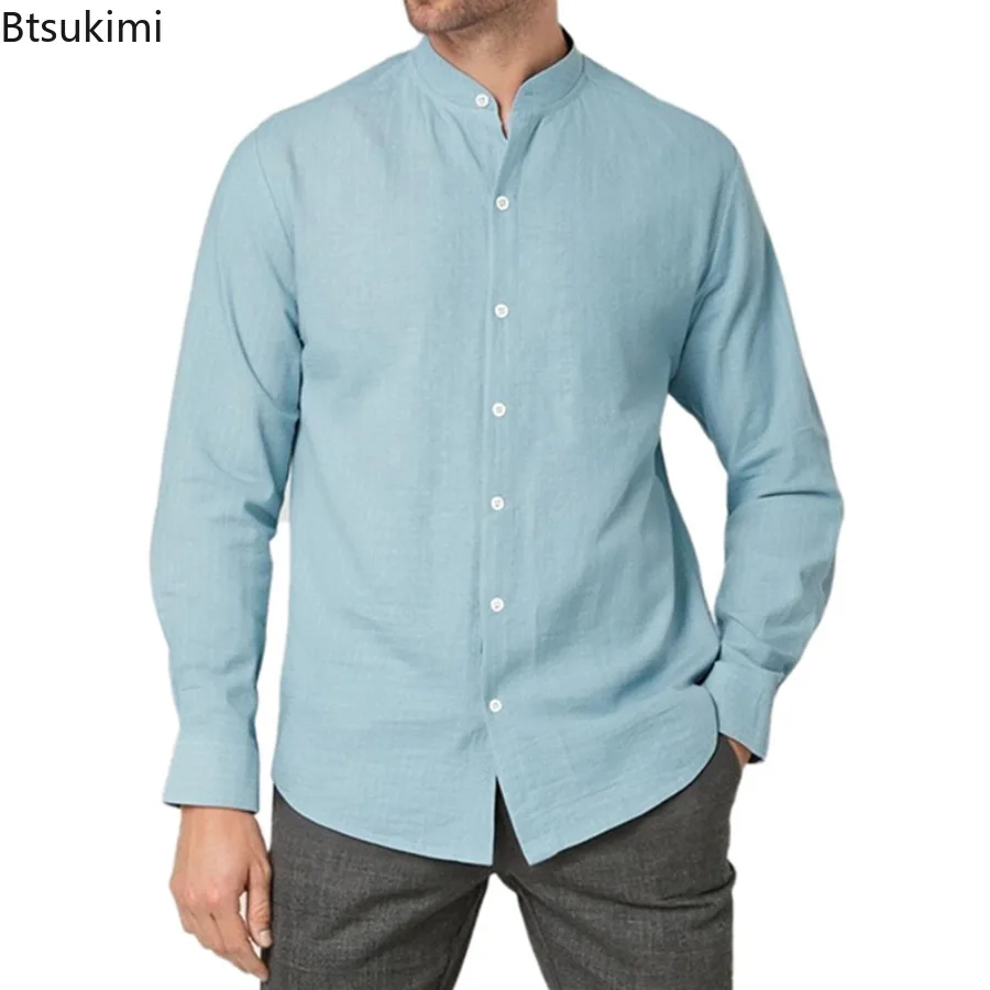 2025 New Spring Autumn New Men's Casual Shirt Business Casual Style Linen Shirt Striped Stand Collar Long Sleeve Cardigan Shirt
