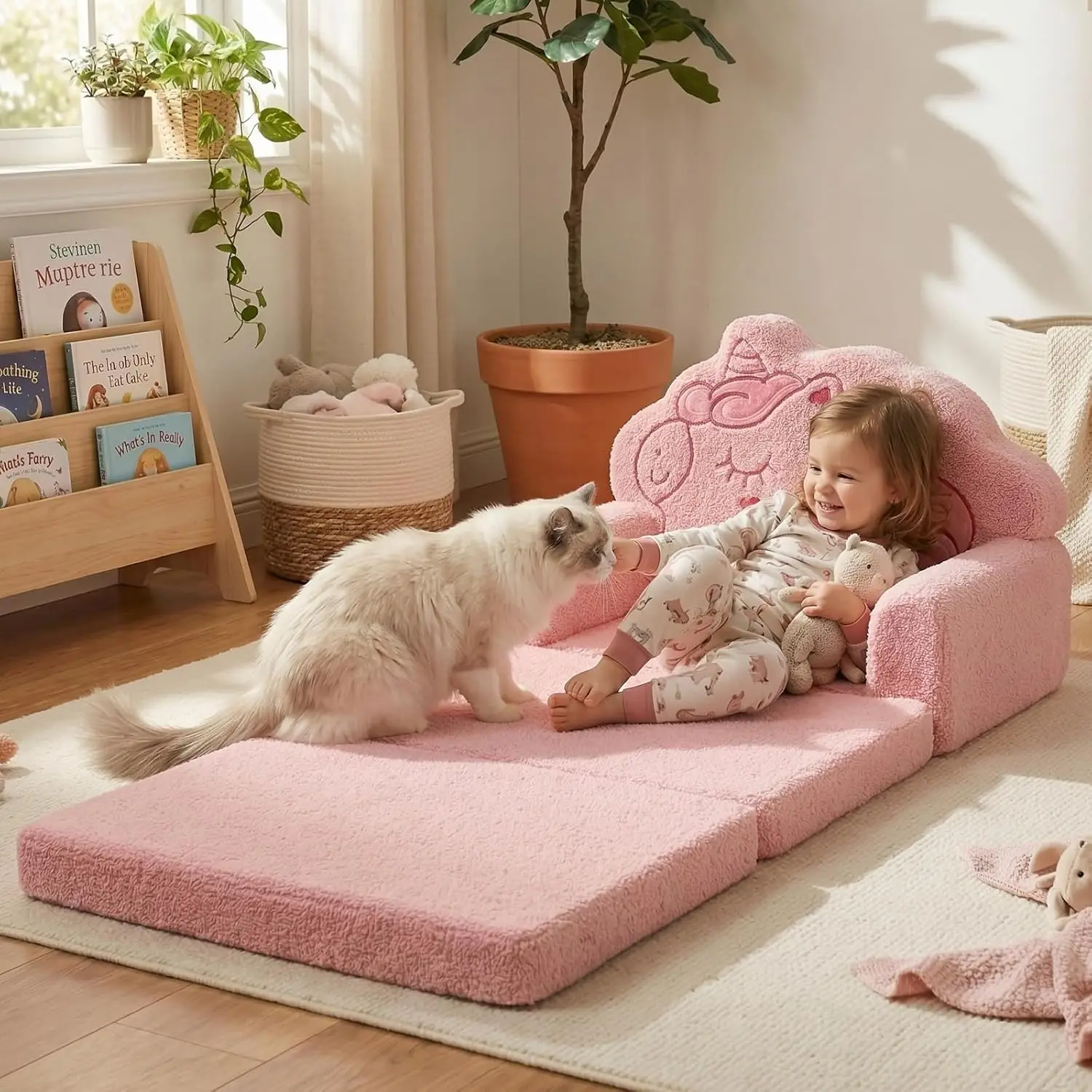 Kids Couch Convertible Sofa to Lounger, Pink Unicorn Chair for Toddlers 1-3, Fold Out Foam Lounger for Movie Night Birthday Gift